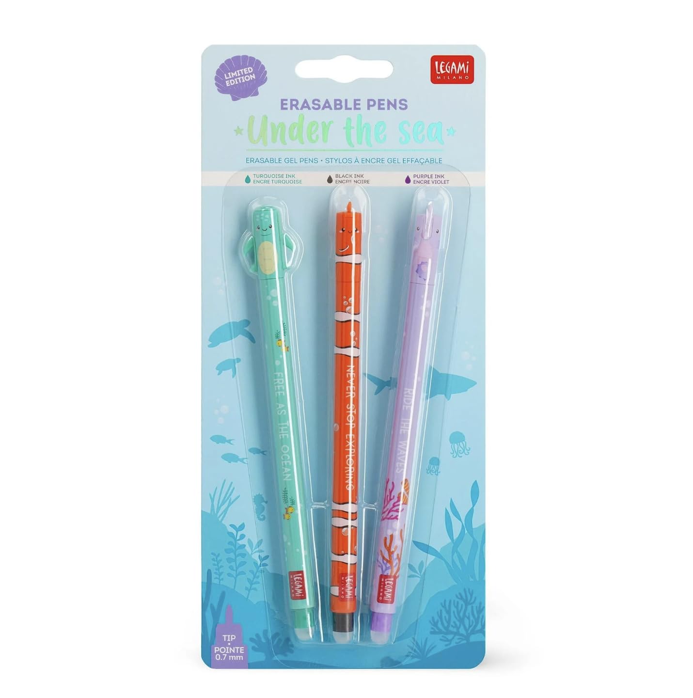 VARZI Legami New Summer 2024 Collection - Set of 3 Underwater Themed Erasable Gel Pens (Presale) - Perfect for School, Office & Creative Writing