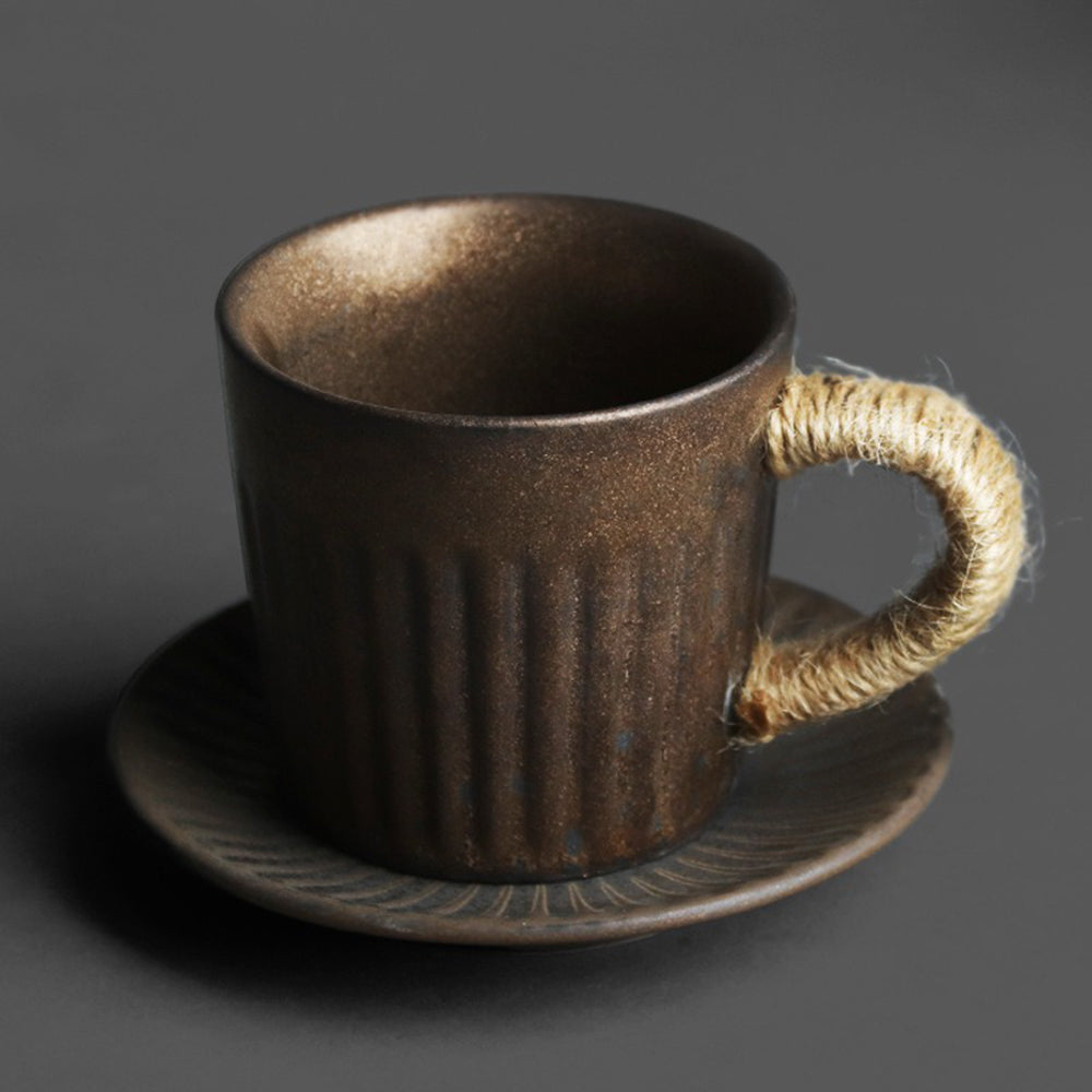 Handmade Black Gold Kiln Coarse Pottery Cup and Saucer Set - Ceramic Tea Cup for Coffee, Tea, or Espresso - Perfect for Home, Office, or Gift Giving