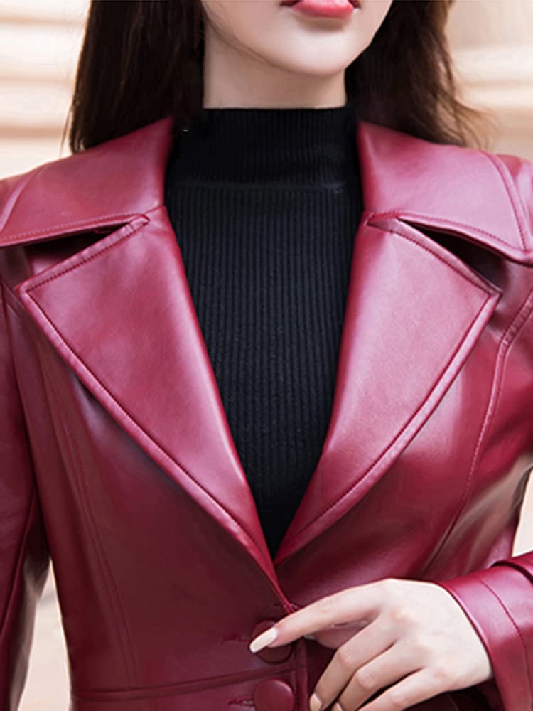 Women's Black Flare Leather Trench Coat - Long Sleeve Lapel Jacket for Spring | Stylish Outerwear for Office, Dating & Evening Events