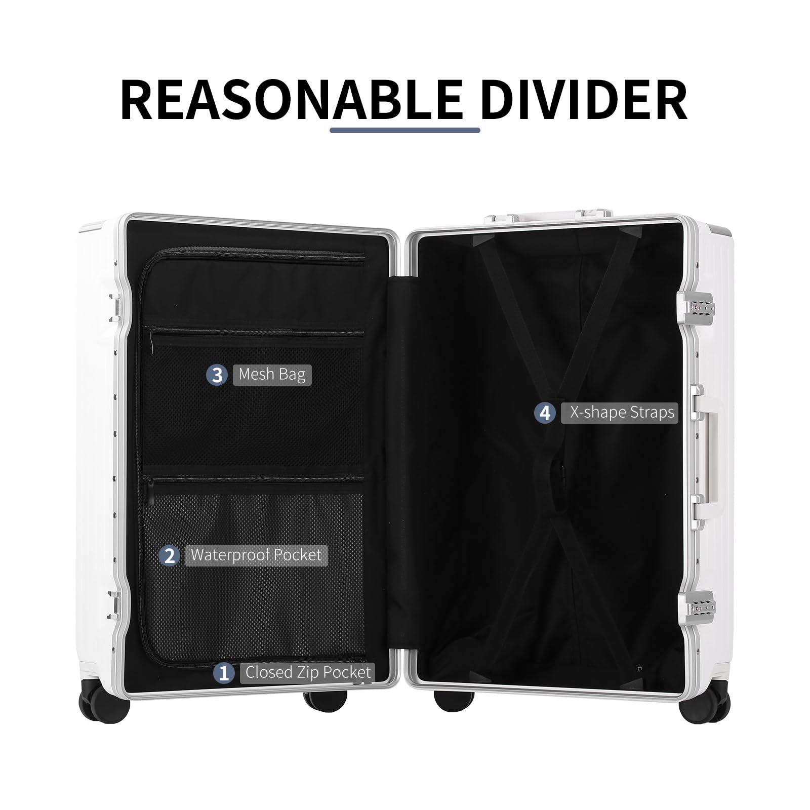 YUNASAY 20 Inch Hardside Spinner Carry On Luggage - Lightweight Aluminum Frame, TSA Lock, USB Port, Front Pocket, Cup & Phone Holder - Perfect for Air Travel & Business Trips (White)