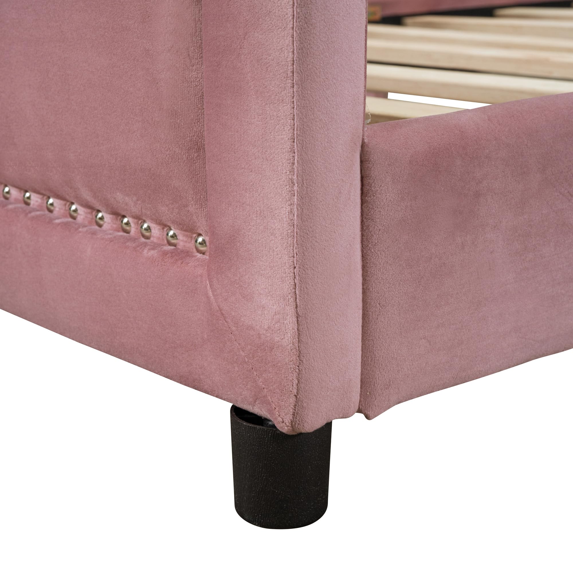 Harper & Bright Designs Upholstered Twin Daybed Frame for Kids - Velvet Twin Bed with Classic Striped Headboard, Sturdy Wood Frame for Boys & Girls - Pink (Perfect for Bedrooms, Playrooms & Guest Rooms)