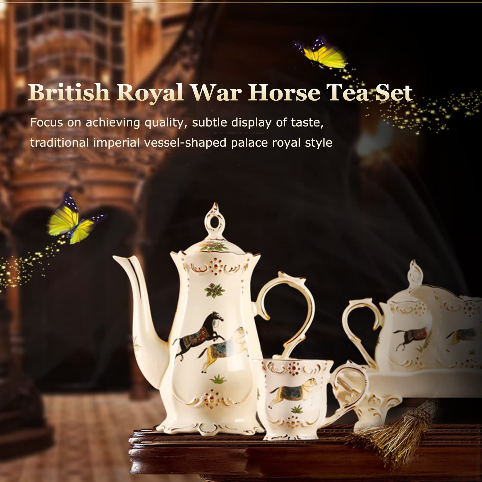 British Royal War Horse Tea Set - 8-Piece Porcelain Coffee & Tea Service with Teapot, Saucers, Sugar Bowl, Milk Jug & Teaspoons in Gift Box | Elegant Peony Design China Ceramic | Perfect for Afternoon Tea, Bridal Showers & Royal-Themed Parties