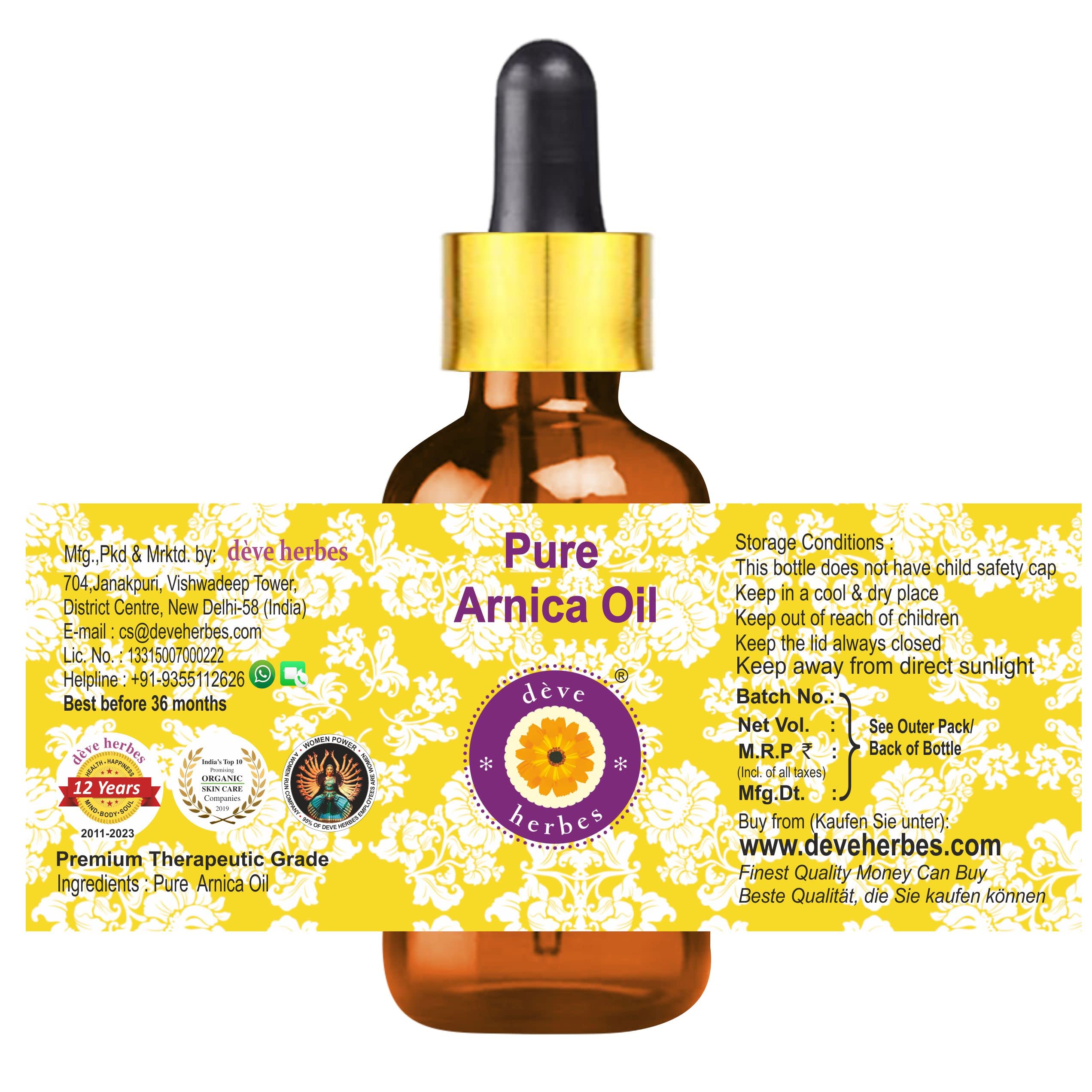 Deve Herbes Pure Arnica Oil (Arnica montana) - 100% Natural Therapeutic Grade with Glass Dropper - 5ml for Pain Relief, Bruises & Muscle Recovery - Perfect for Massage & Aromatherapy