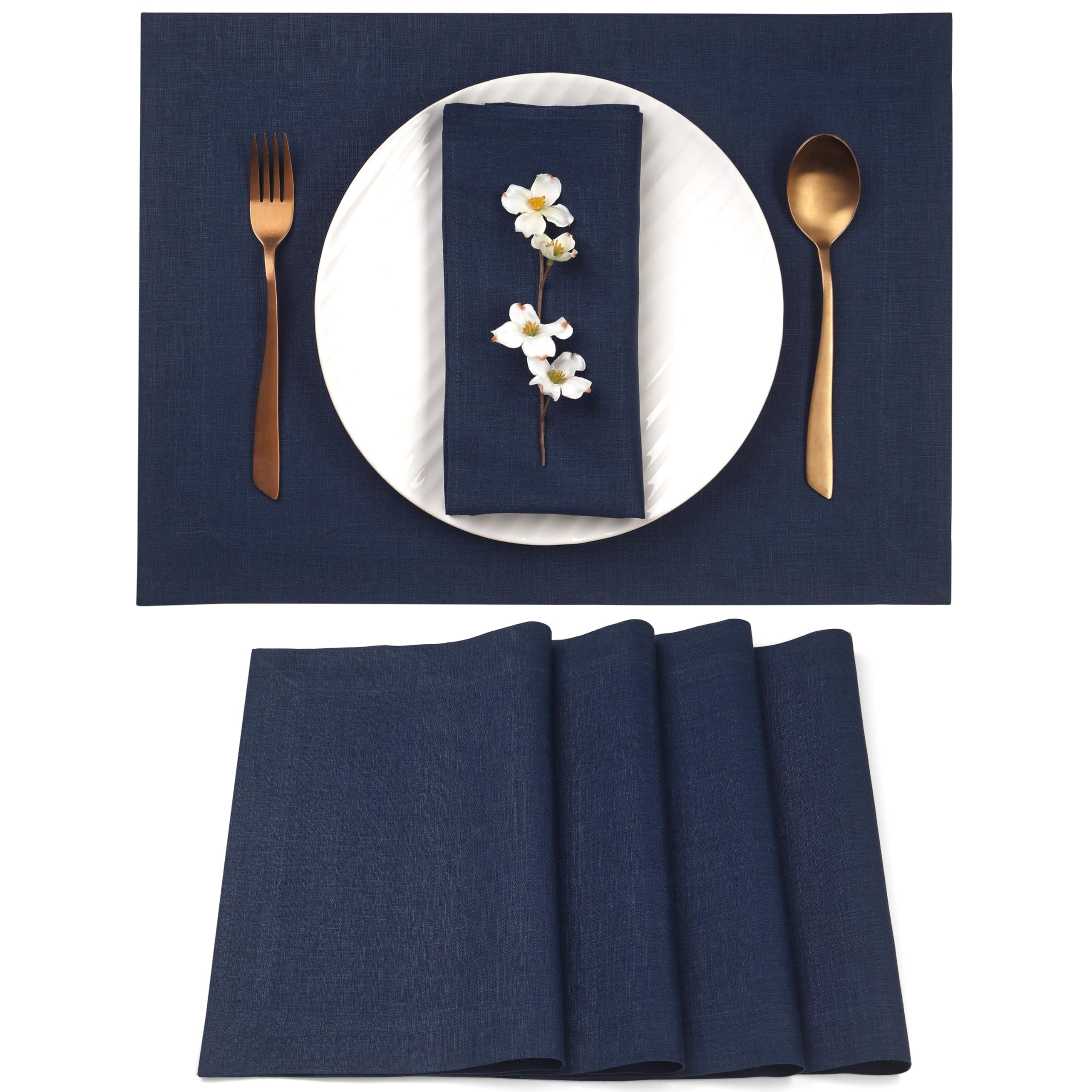 D'Moksha Homes 100% Pure Linen Placemats Set of 4 - Navy Blue 14x19 Inch Washable Table Mats for Dining, Kitchen & Spring Decor - Elegant Table Setting Accessories