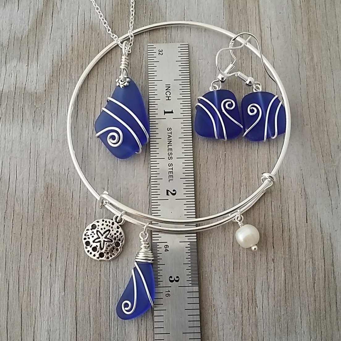 Handmade Wire Wrapped Cobalt Blue Sea Glass Necklace, Earrings & Bracelet Jewelry Set with Sand Dollar Charm - Hawaii Inspired Beach Jewelry Gift Set (Perfect for Beach Weddings, Vacation Accessories & Hawaiian Souvenirs)