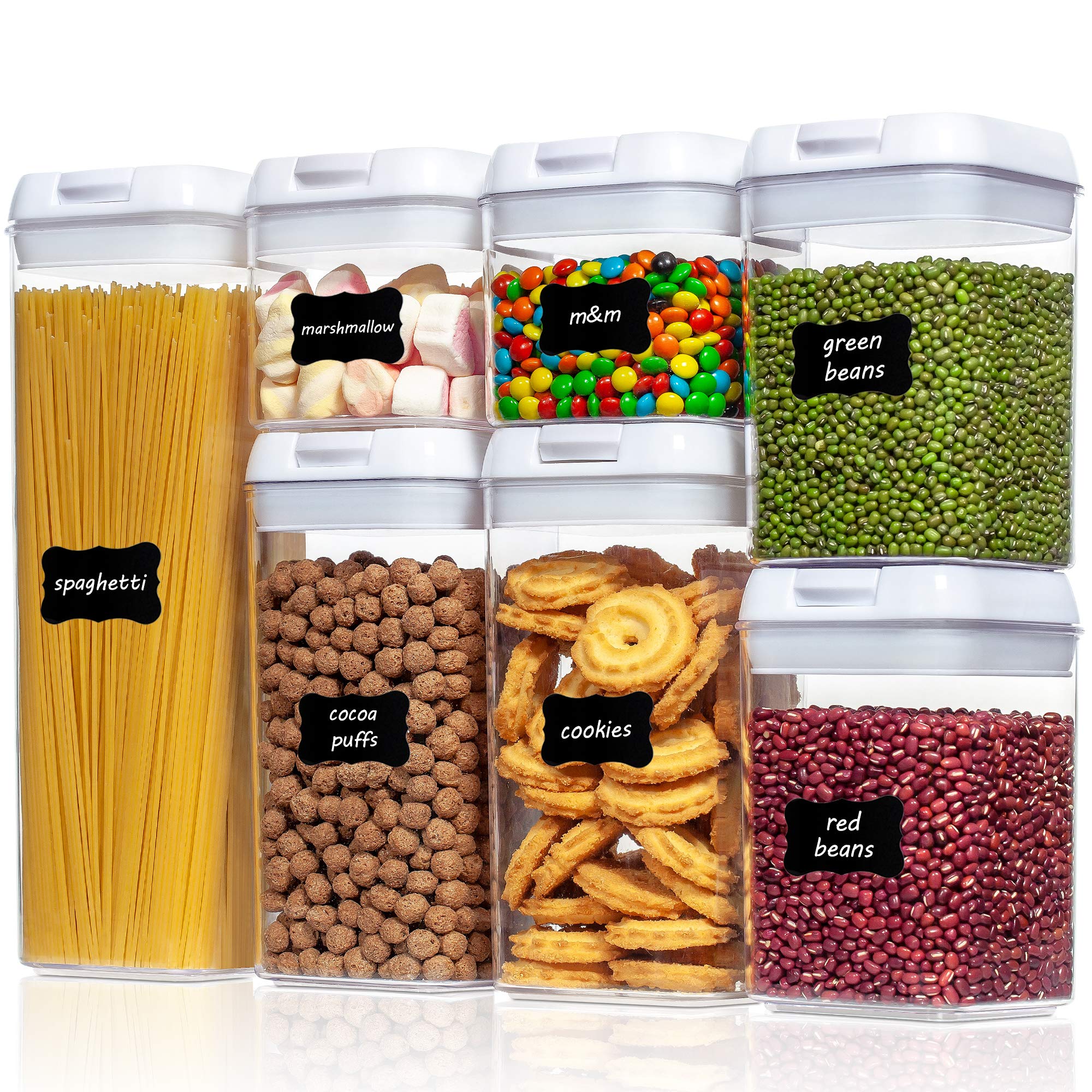 Vtopmart 7-Piece Airtight Food Storage Containers Set - BPA Free Plastic Kitchen Canisters with Locking Lids for Cereal, Flour, Sugar & Dry Goods - Pantry Organization with 24 Labels (White) - Perfect for Meal Prep, Baking Supplies & Bulk Food Storage