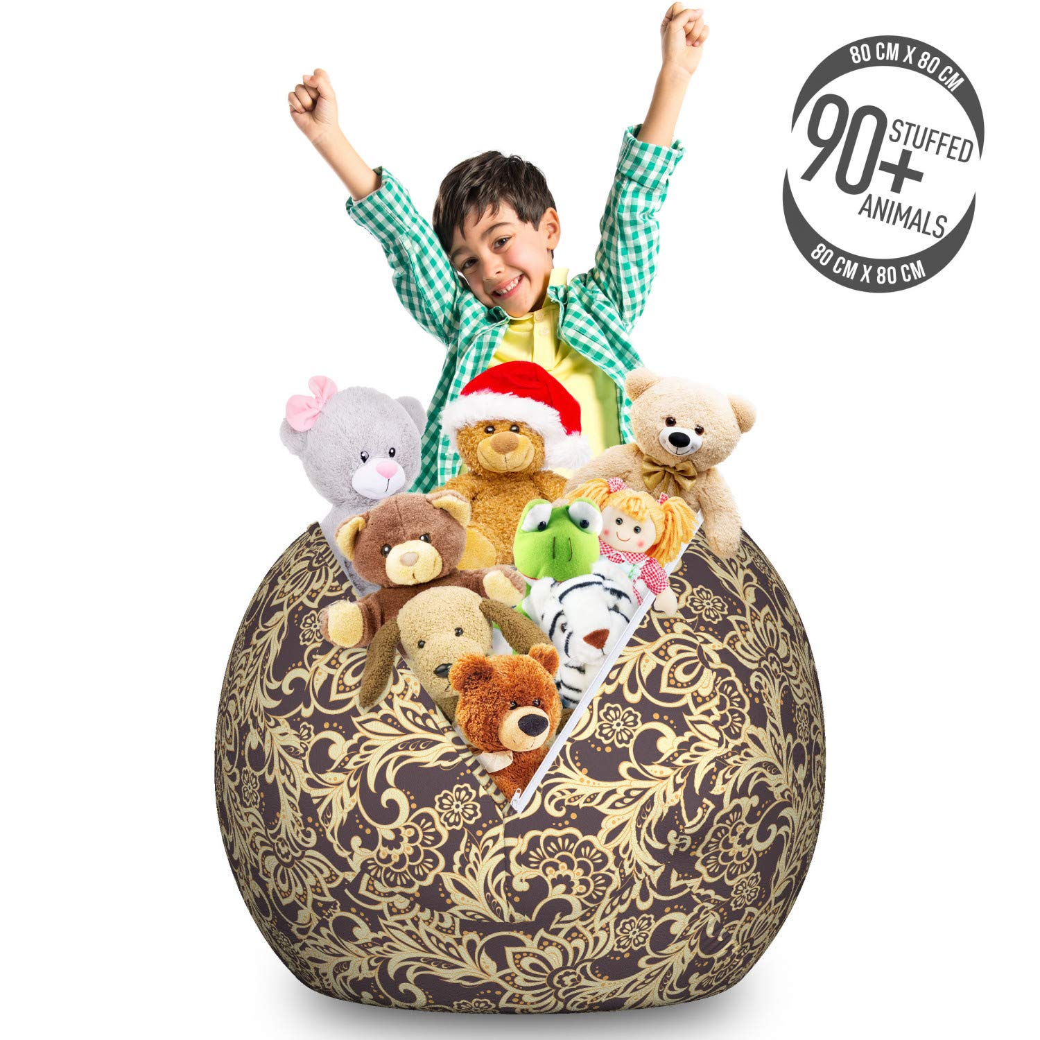 Ambesonne Large Toy Storage Bag Chair - Traditional Eastern Blossom Design with Turkish Influences, Washable Stuffed Animal Organizer (Eggplant & Pale Yellow) | Perfect for Kids' Room, Playroom & Nursery Organization