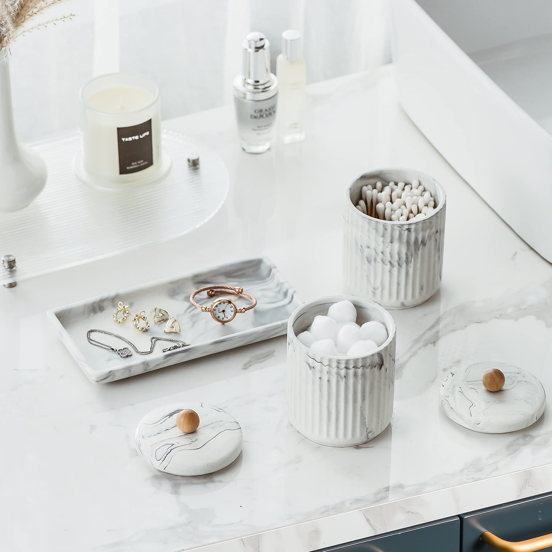 Marble Ceramic Cotton Swab Holder with Lid & Dresser Organizer Set - Small Bathroom Storage Jar for Cotton Balls, Q-Tips & Beauty Essentials | Perfect for Vanity, Bathroom Counter, Kitchen & Office Organization