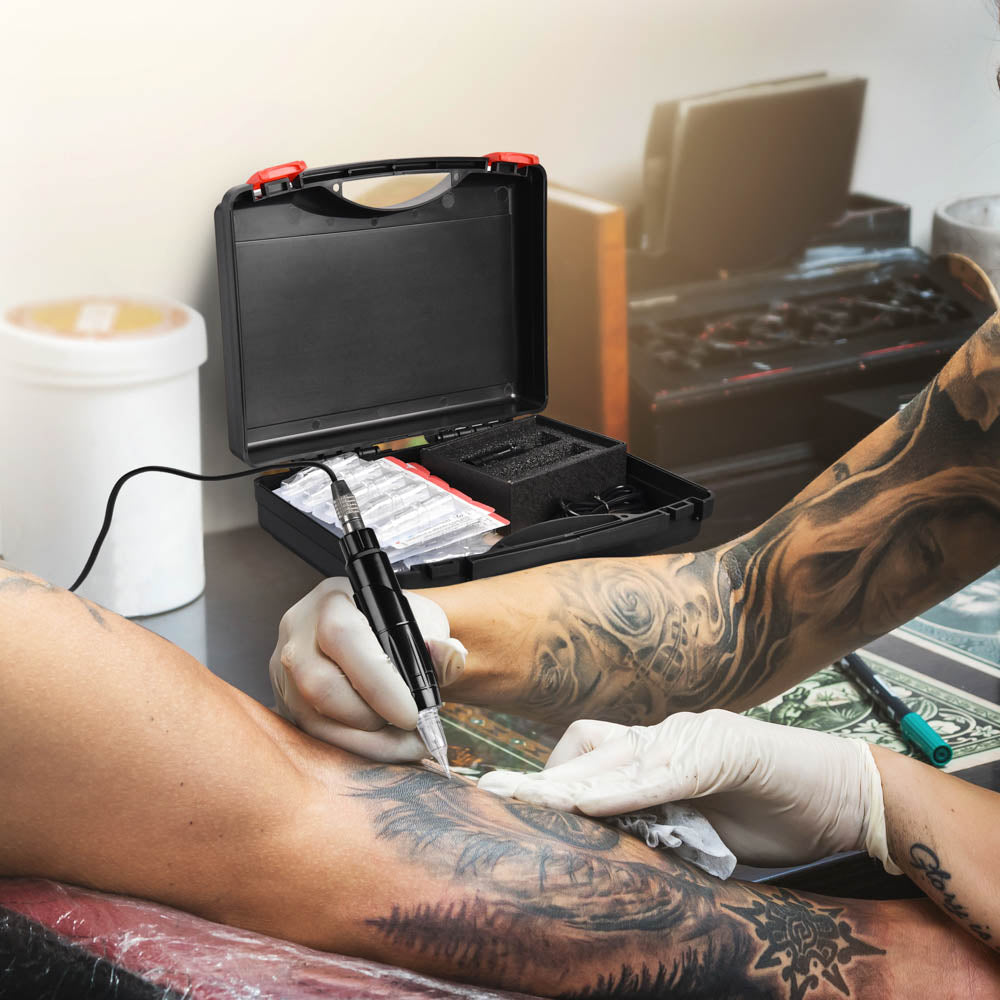 Professional Rotary Tattoo Machine Kit with Battery - Includes 50 Sterile Tattoo Needles & Portable Carry Case - Perfect for Tattoo Artists, Beginners & Home Tattoo Practice