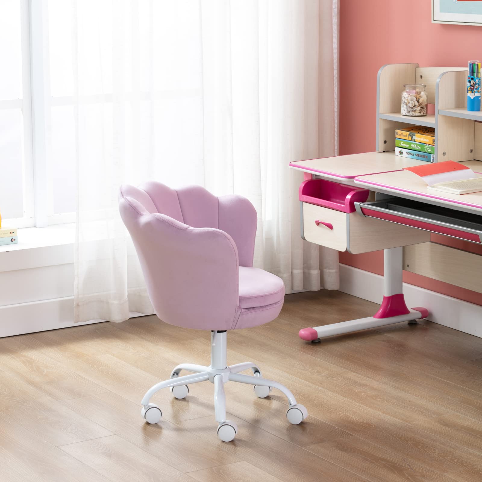 Adjustable Velvet Swivel Kids Desk Chair - Light Purple Task Chair for Girls, Study & Vanity Use in Bedroom, Home Office & Makeup Area