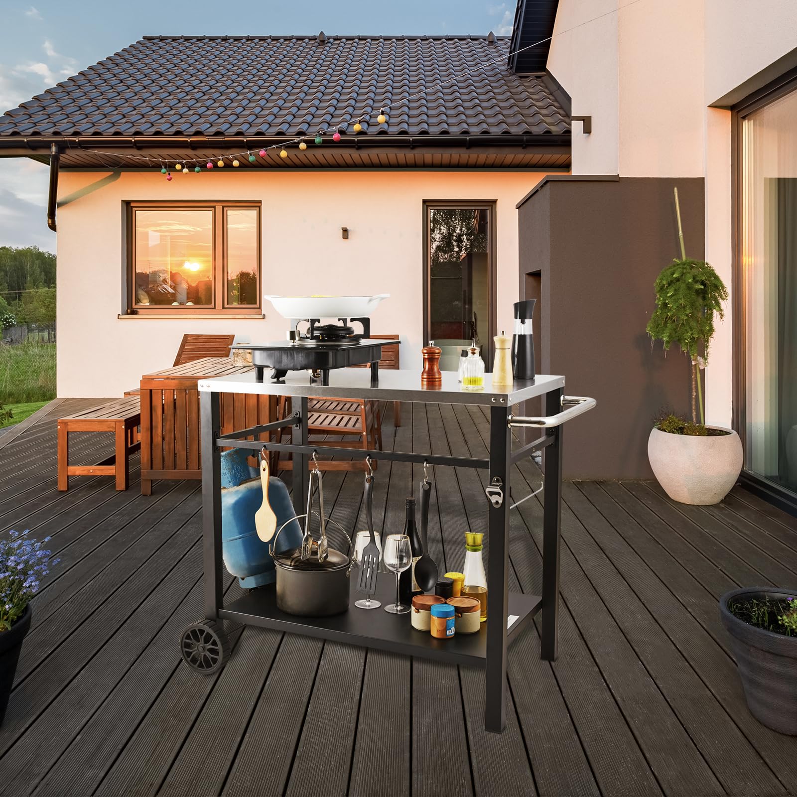 VEVOR Stainless Steel Outdoor Grill Cart with Double Shelves - Portable BBQ Prep Table with Wheels & Handle for Pizza Oven, Camping & Backyard Cooking - Heavy Duty Mobile Workstation for Patio, Garden & Tailgating Parties
