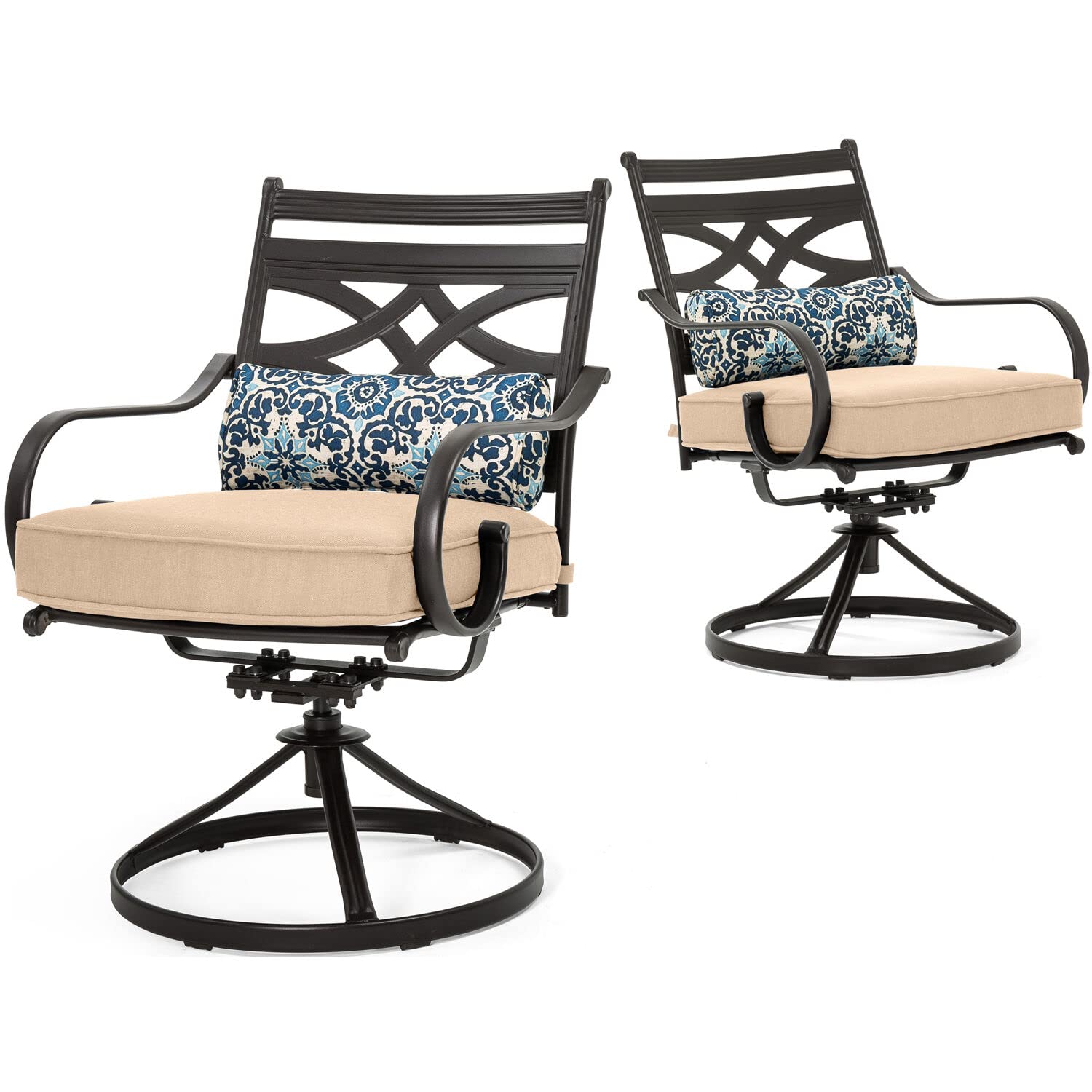 Hanover Montclair 7-Piece Outdoor Dining Set with 6 Swivel Rocking Chairs, Tan Cushions & Durable Steel Table - All-Weather Patio Furniture for Deck, Garden, Backyard - Perfect for Family BBQs, Outdoor Entertaining and Relaxing