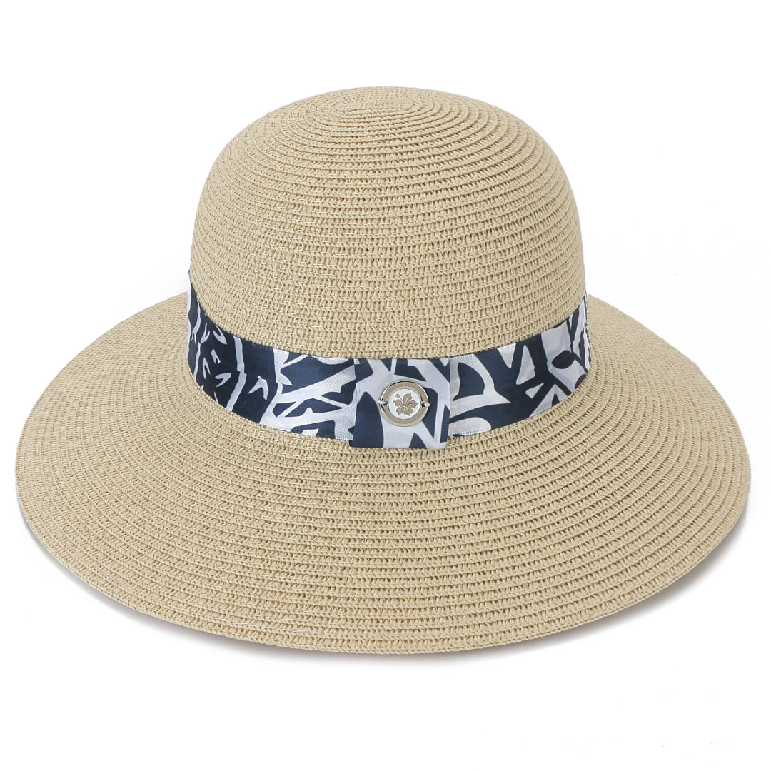 Elegant Beige and Navy Orchid Print Hat - Stylish Sun Protection for Outdoor Activities, Beach, and Travel