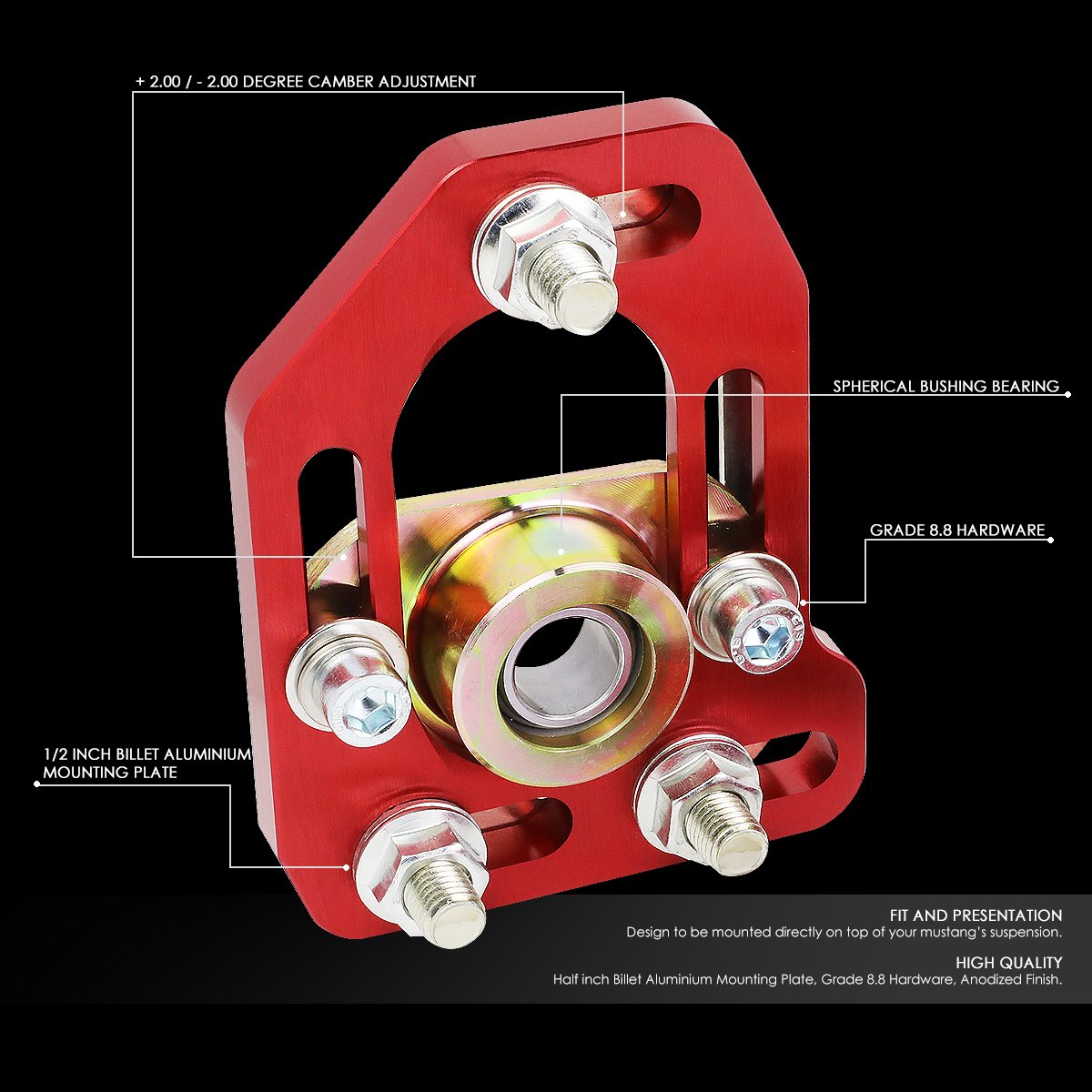Ford Mustang Front Adjustable Camber Caster Plates Alignment Kit - +/-3.0° Camber & +/-2.0° Caster, Spherical Bushing (Red) | Auto Dynasty | Perfect for Performance Tuning, Track Racing & Suspension Upgrades