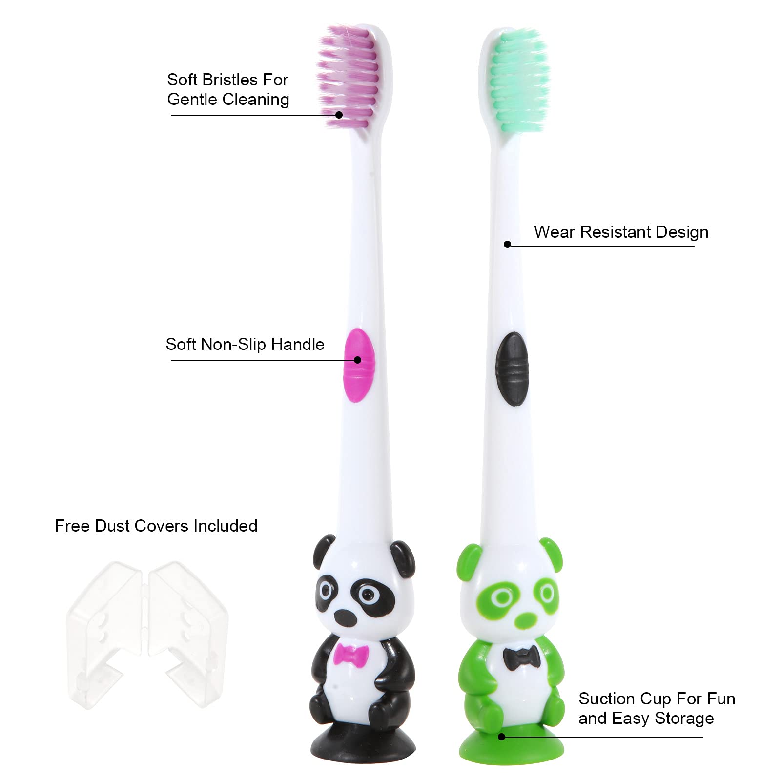 6 Pack Kids Toothbrushes with Soft Bristles & Suction Cup - Cute Bear Panda Design for Boys & Girls Ages 3+, Includes Travel Covers - Gentle Dental Care for Toddlers & Children - Perfect for Home, School & Travel Use