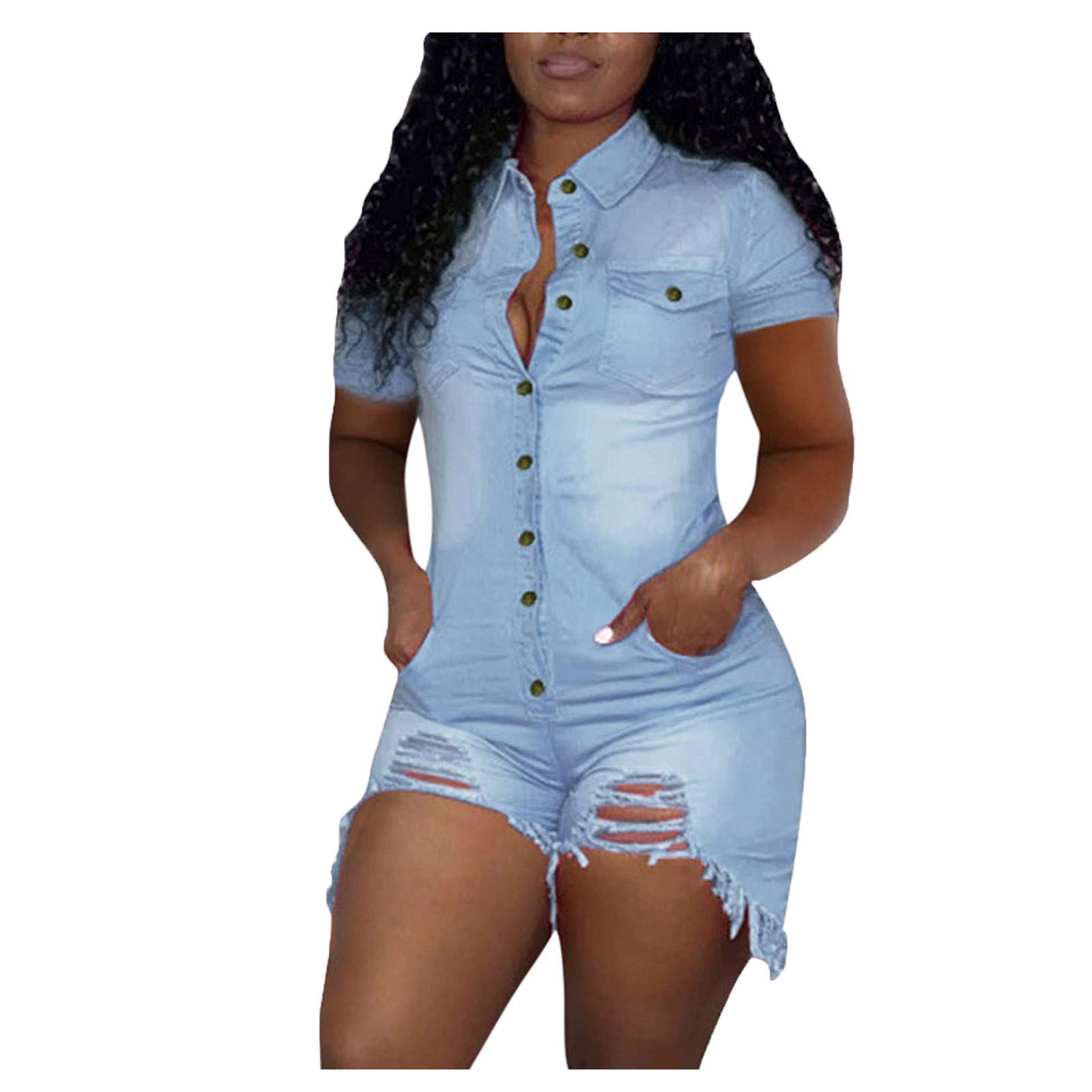 Women's Denim Jumpsuit with Distressed Shorts - Trendy One-Piece Jeans Outfit for Casual Wear & Summer Fashion | Perfect for Street Style, Music Festivals, and Weekend Outings