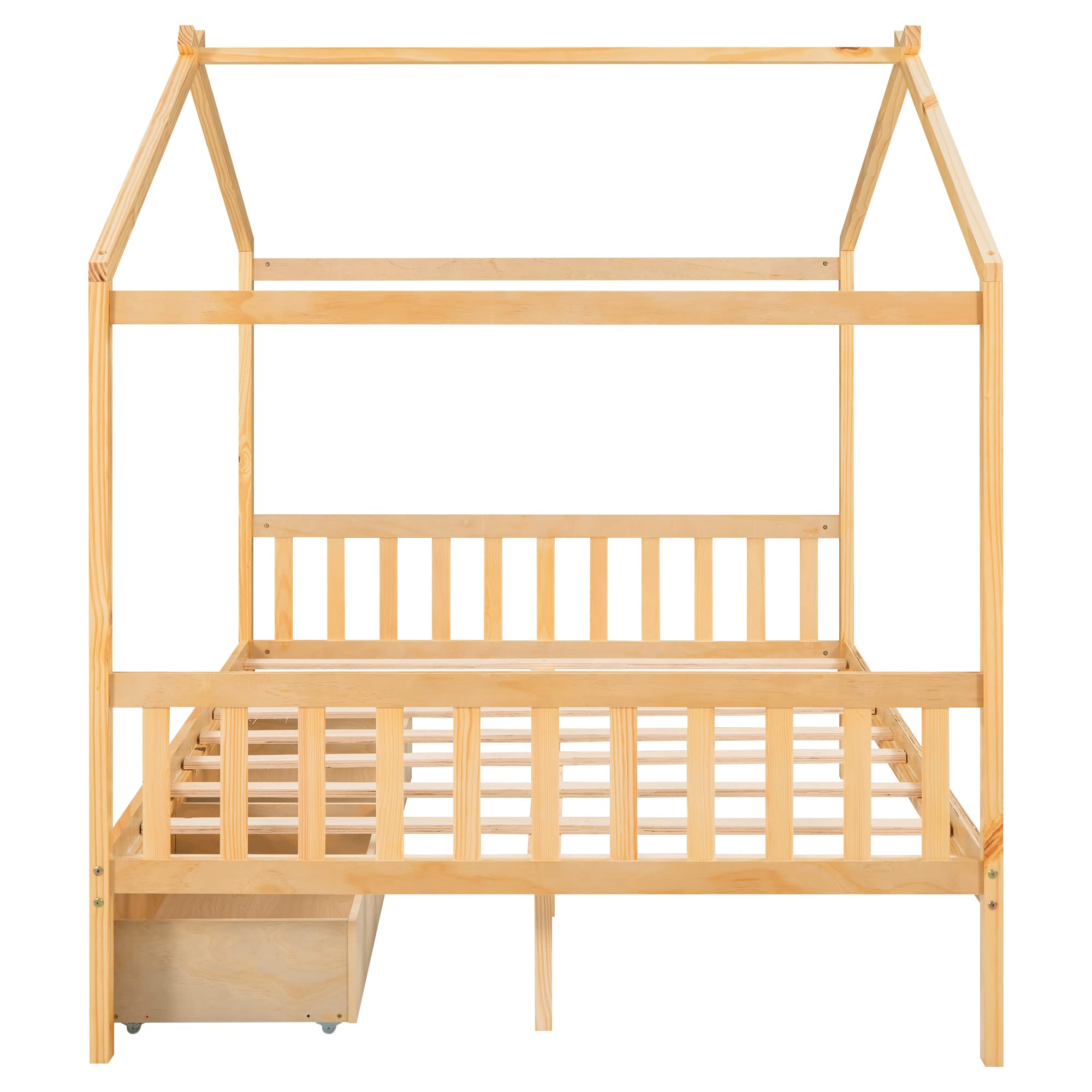Wooden Full Size House Bed Frame with Storage for Kids - Girls & Boys Room Decor