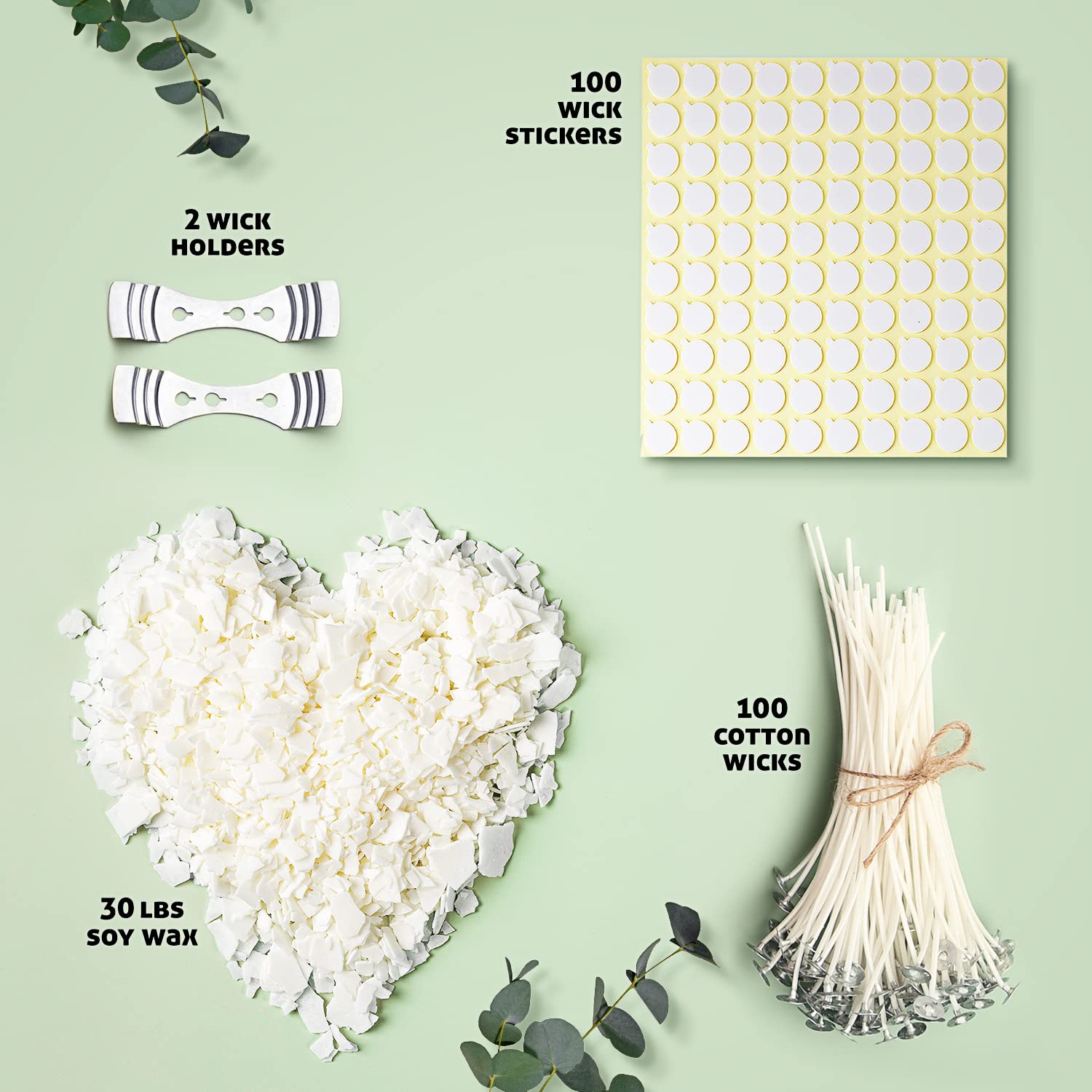 Premium Natural Soy Wax Flakes for Candle Making - 30 lb Bulk Bag with 100 Cotton Wicks, Wick Stickers & 2 Centering Tools | DIY Home Fragrance, Wedding Favors, Spa Relaxation Gifts