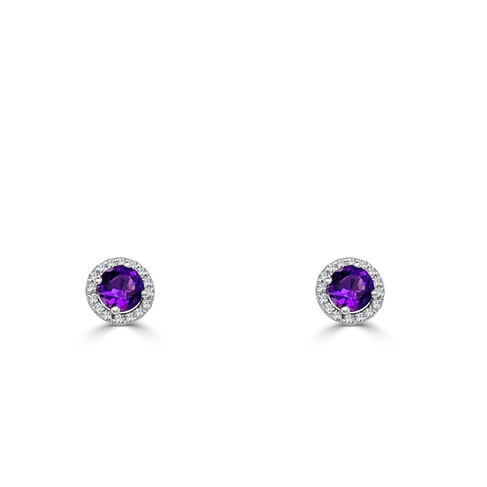 14K Gold 5mm Amethyst and Diamond Stud Earrings for Women - Elegant Purple Gemstone Jewelry Gift for Birthday, Anniversary & Special Occasions