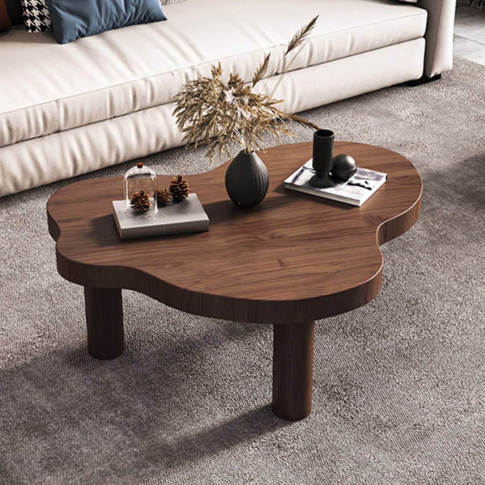 QQXX Cloud Shape Wood Coffee Table - Irregular Round Corner Thickened Modern End Table with 3 Legs for Living Room (31.5