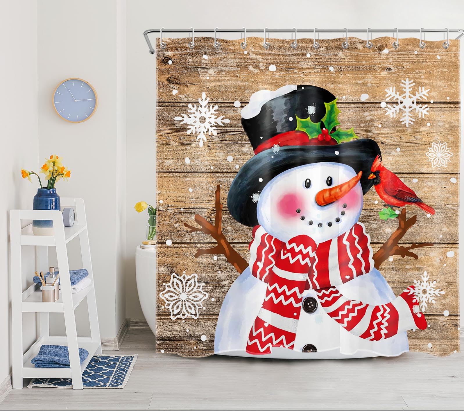 HVEST Farmhouse Christmas Shower Curtain - Snowman & Cardinal Design on Rustic Wood Brown Background, Winter Snowflake Pattern Polyester Fabric Bathroom Decor (72x72 Inch) with Hooks - Perfect for Holiday Bathroom Decor, Seasonal Home Styling, and Cozy Winter Atmosphere