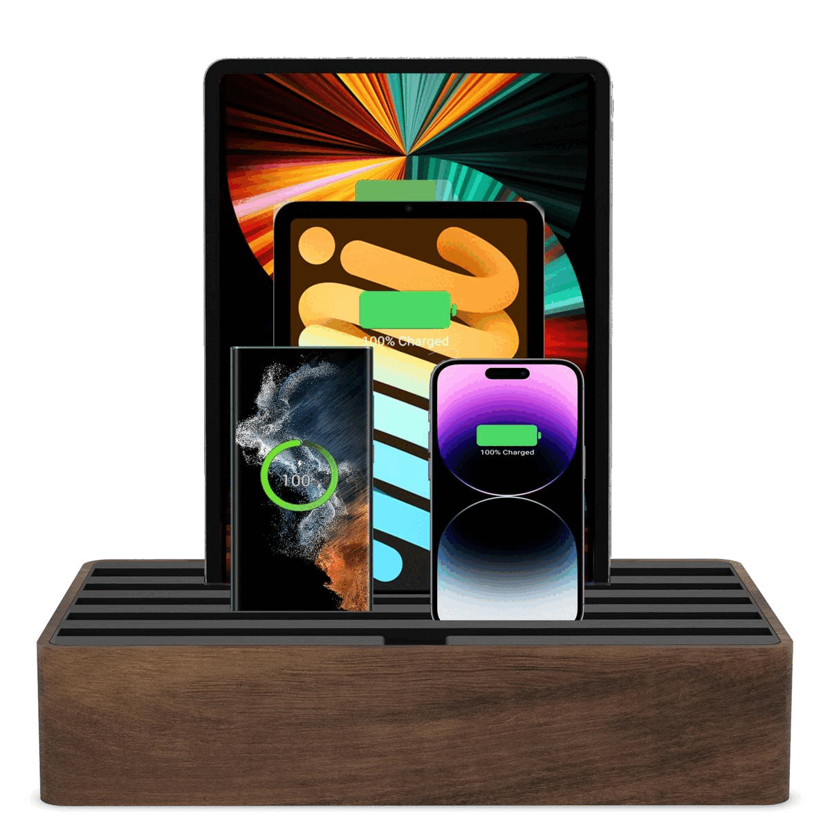 ALLDOCK Classic FAMILY Walnut & Black Wooden Charging Station - Multi-Device Organizer for Phones, Tablets & Watches - Perfect for Home, Office & Nightstand Use