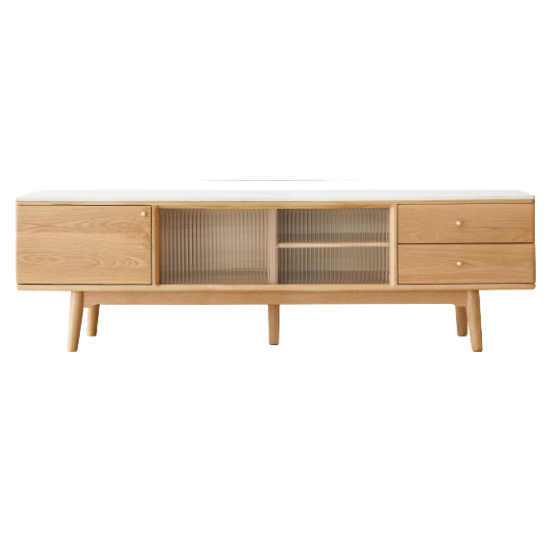 Solid Oak Wood Sliding Door TV Stand with Natural Rock Slab Surface - Modern Entertainment Center for Living Room & Home Theater