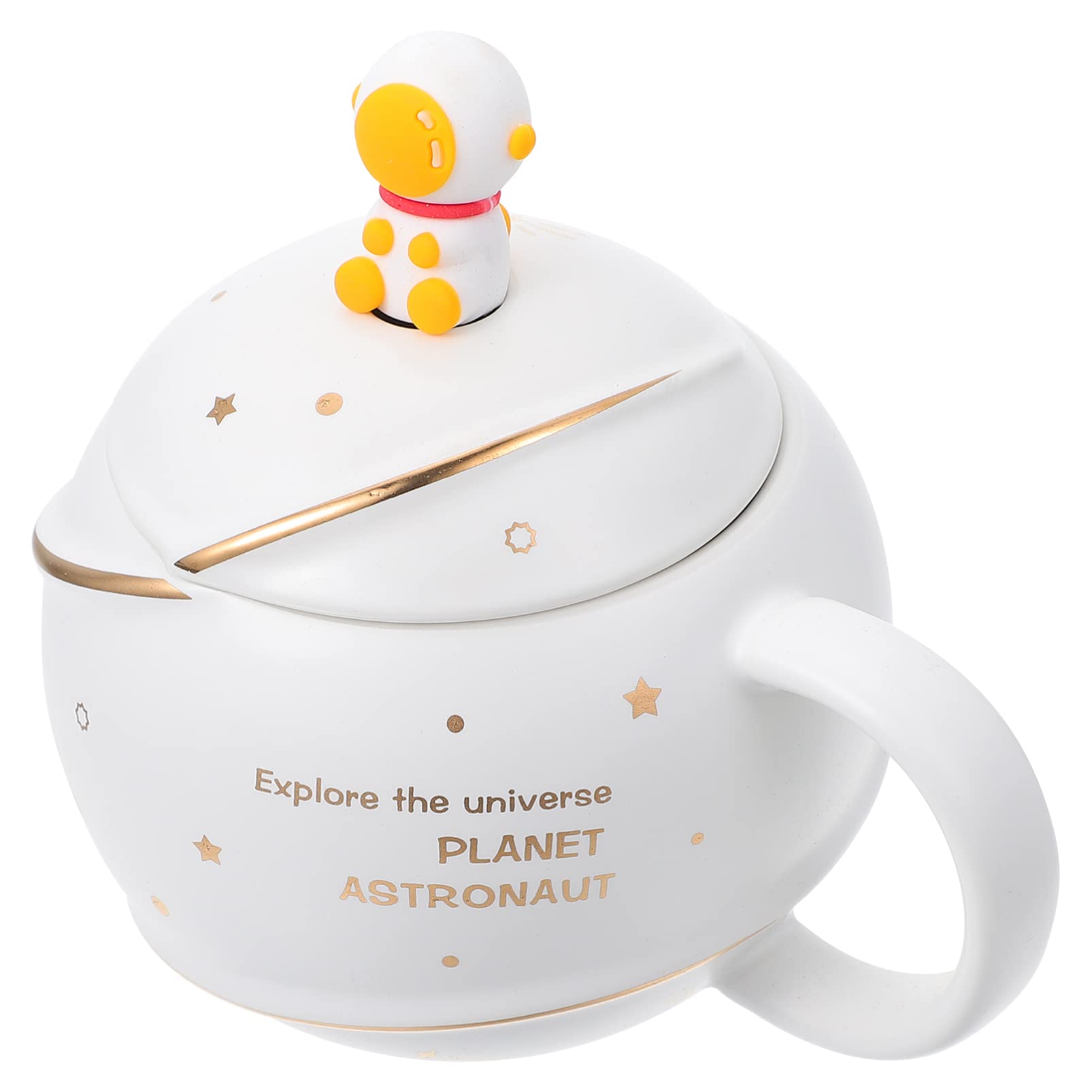ULTNICE Cute Astronaut Ceramic Mug with Lid & Spoon - Kawaii Planet Design Coffee Cup for Tea, Milk - Perfect Birthday Gift (White) - Great for Office, Home Use & Space-Themed Parties