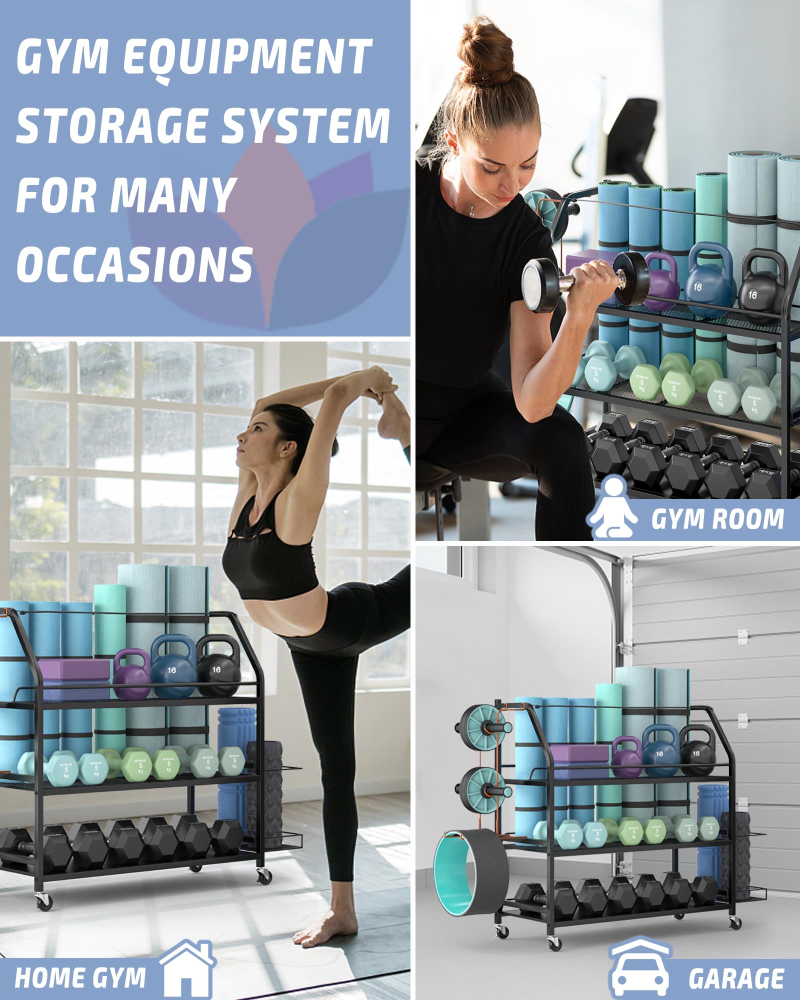 Staransun Adjustable Dumbbell Weight Rack - Heavy Duty Home Gym Storage Organizer with 4 Locking Wheels & Dual-Sided Design - Perfect for Garage, Basement, and Home Workout Spaces