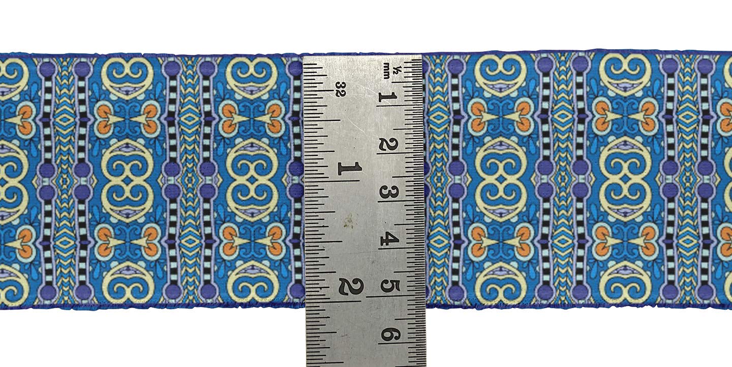 Indian Beautiful Art Blue Stripe & Paisley Ethnic Printed Velvet Ribbon Trim - 9 Yards, 3 Inches Wide for Crafts, Sewing & DIY Accessories - Perfect for Costume Design, Gift Wrapping & Home Decor