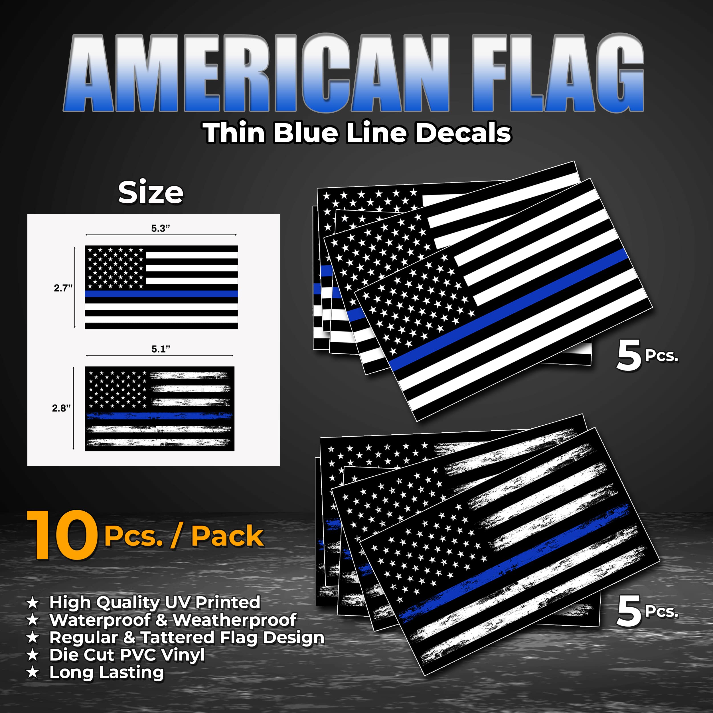 GRITKULTURE Thin Blue Line US Flag Decal Stickers - Pack of 10 (5.1