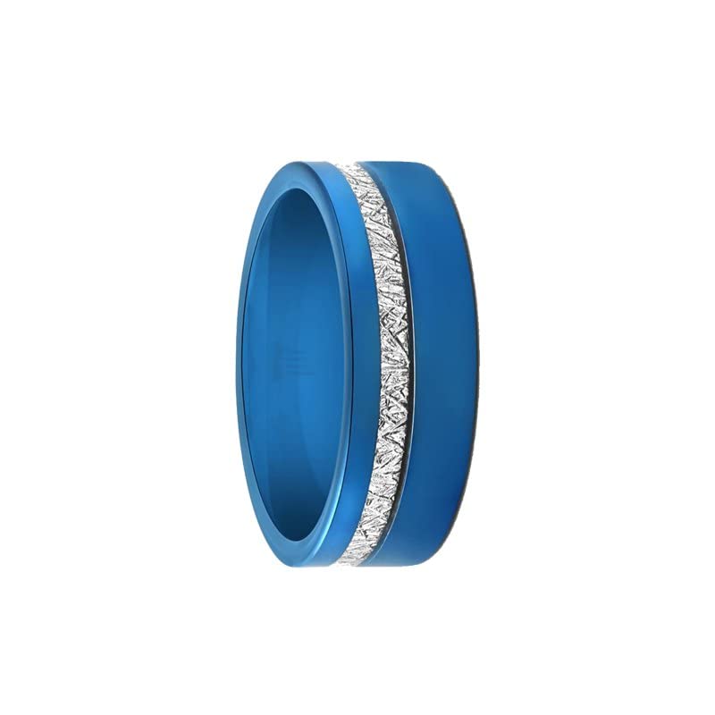 Blue Meteorite Ring for Men - 8mm Comfort Fit Tungsten Wedding Band with Offset Inlay | Unique Meteor Gifts for Him | Perfect for Anniversaries, Engagements & Special Occasions