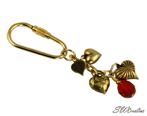 Elegant Red Crystal Gold Heart Charm Beaded Keychain - Perfect Gift for Women, Girls, Valentine's Day & Anniversary - Stylish Accessory for Keys, Bags & Backpacks