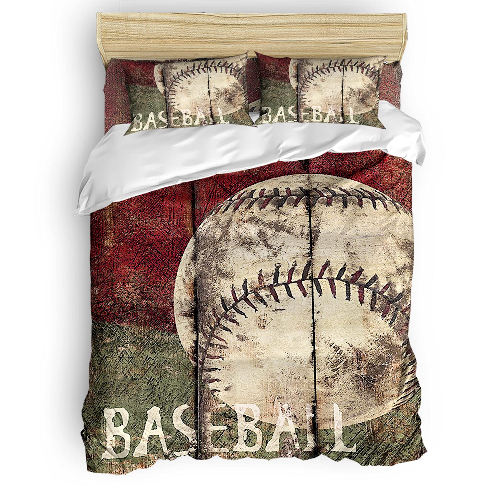 Seven Roses 4-Piece Retro Baseball Bedding Set - Queen Size Quilt Cover with Soft Sheets & Pillowcases, Vintage Baseball Wooden Board Design - Perfect for Baseball Fans' Bedrooms, Guest Rooms & Dorm Decor