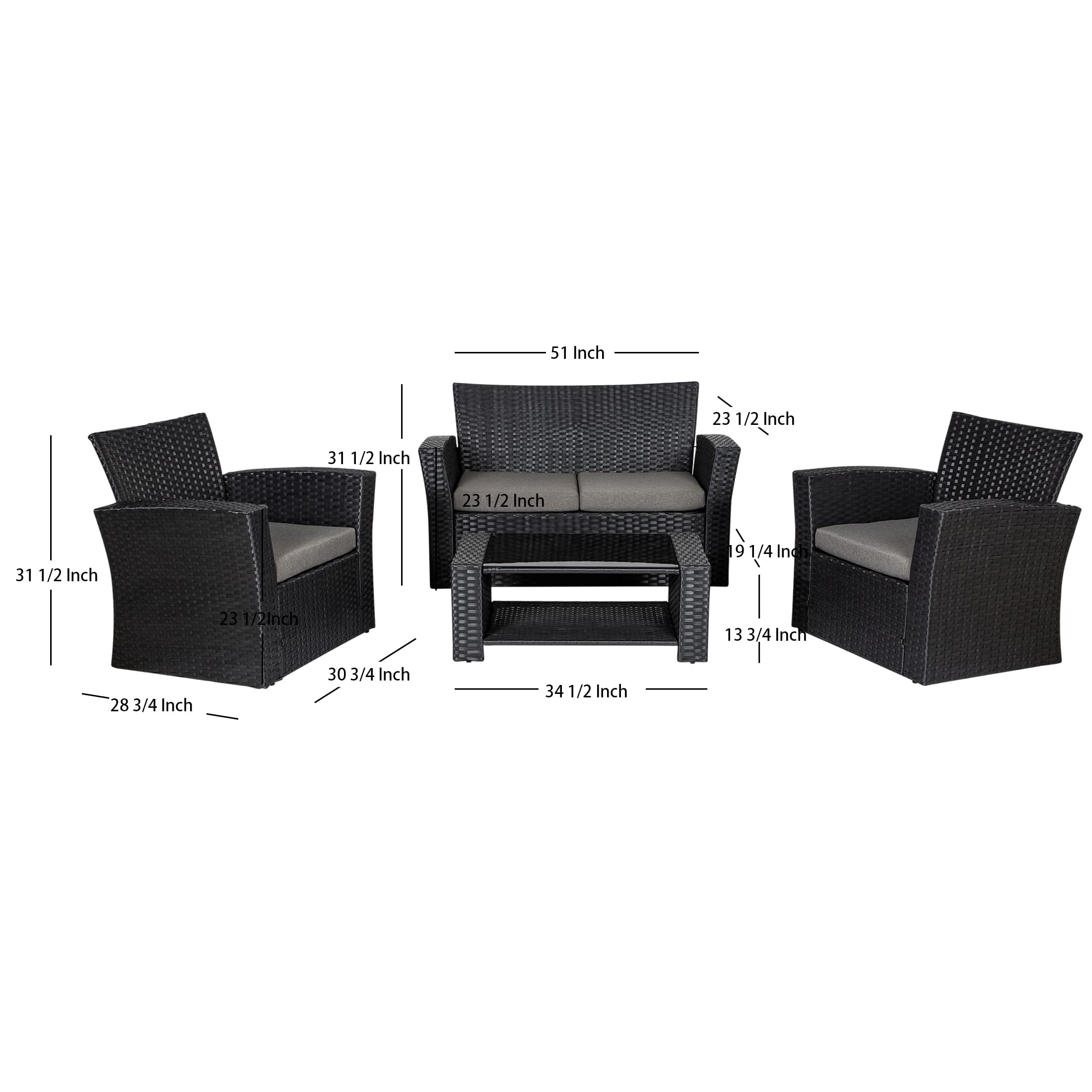 WestinTrends 4-Piece Coastal Black Patio Furniture Set - All-Weather HDPE Rattan Wicker Outdoor Sofa Set with Tempered Glass Coffee Table - Gray - Perfect for Backyard, Poolside & Beach House Decor