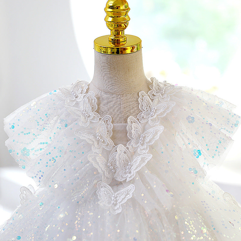 Easter Baby Girl Dress White Puffy Butterfly Sequins Party Princess Christening Gown - Perfect for Birthday, Baptism & Special Occasions