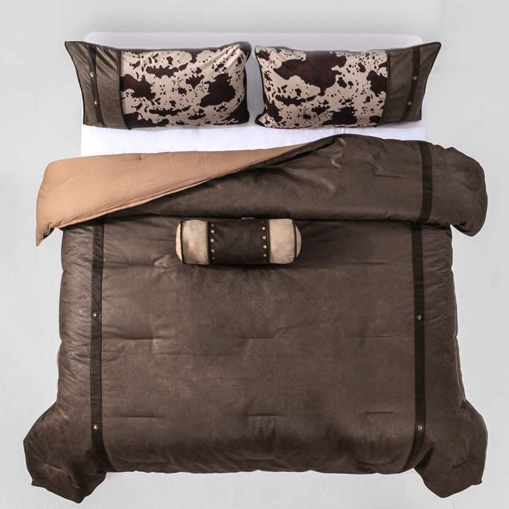 HiEnd Accents Caldwell 4-Piece Western Rustic Comforter Set - Faux Leather Twin Size Brown Cow Print Luxury Bedding (1 Comforter, 1 Bed Skirt, 1 Pillow Sham, 1 Neckroll) for Ranch, Cabin & Southwestern Home Decor