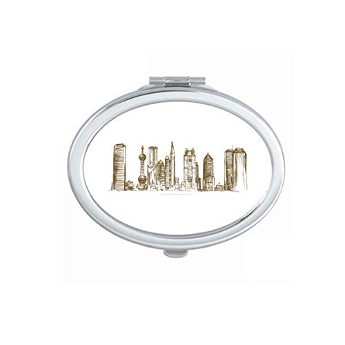 DIYthinker Shanghai China Landmark Sketch Mirror - Portable Foldable Double-Sided Makeup Mirror with Travel Case - Perfect for Travel, Home Vanity, and Professional Makeup Artists