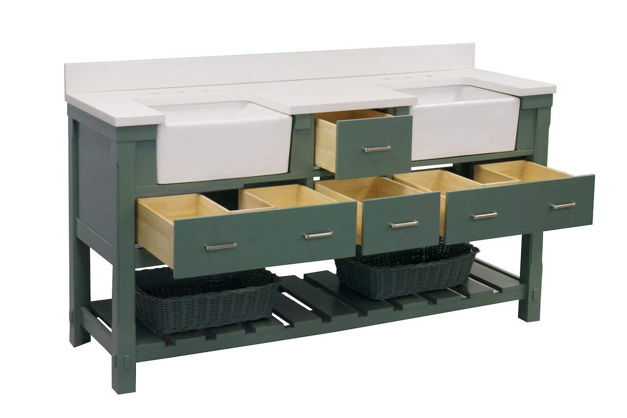 Charlotte 72-inch Double Bathroom Vanity with Quartz Countertop & Sage Green Cabinet - White Ceramic Farmhouse Apron Sinks Included | Perfect for Modern Farmhouse, Coastal, or Transitional Bathroom Designs