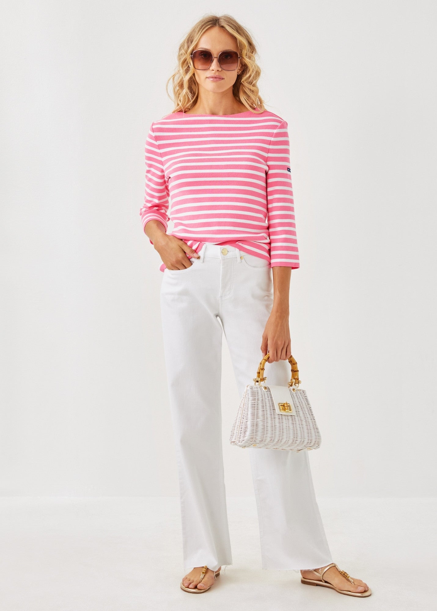 Lilly Pulitzer x VOISSEY Women's Cotton Sweater with Embroidered Logo - Neon Pink & White Stripes | Preppy Style Casual Wear for Spring & Fall