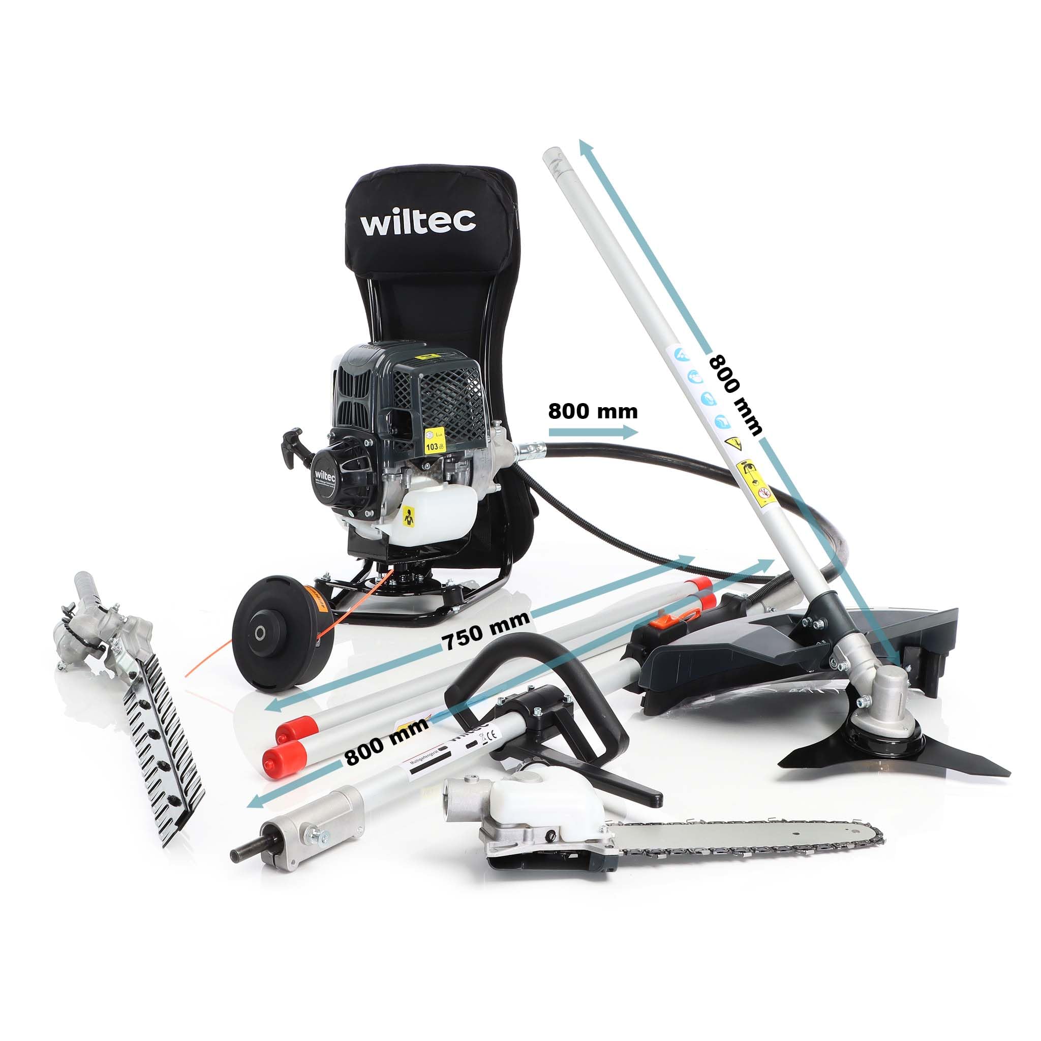 Wiltec 4-in-1 Multifunctional Backpack Tool with 2-Stroke Engine - String Trimmer, Brush Cutter, Hedge Trimmer & Pruner | Perfect for Gardening, Landscaping & Yard Maintenance