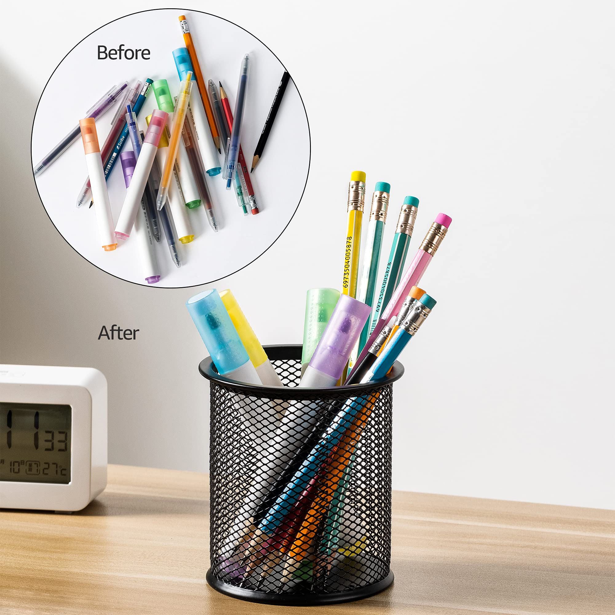 Amazon Basics Black Wire Mesh Pen Cup - Organizer for Office, School & Home Desk Accessories - Perfect for Pens, Pencils, Markers & Scissors
