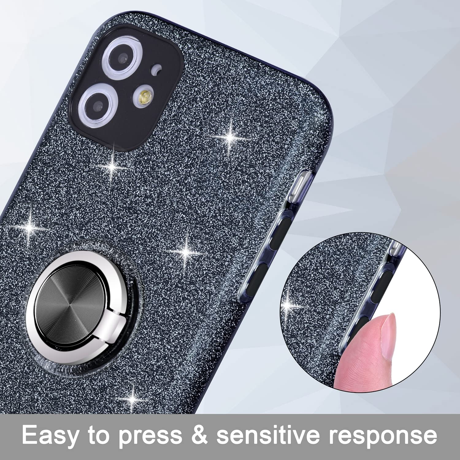 Wisdompro Sparkly Glitter Bling Phone Case with Ring Stand for iPhone 11 (6.1 inch) - Cute Protective Cover for Women & Girls | Perfect for Daily Use, Work, and Travel - Black