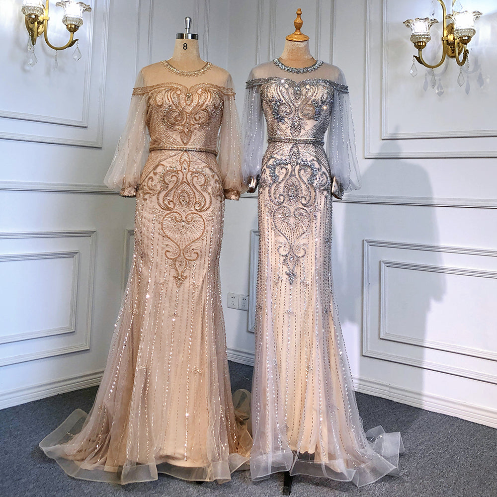 Serene Hill Grey Nude Luxury Evening Dresses for Women 2025 - Beaded Lantern Sleeve Mermaid Gown for Prom, Gala & Formal Events | Elegant Party Dress LA71603