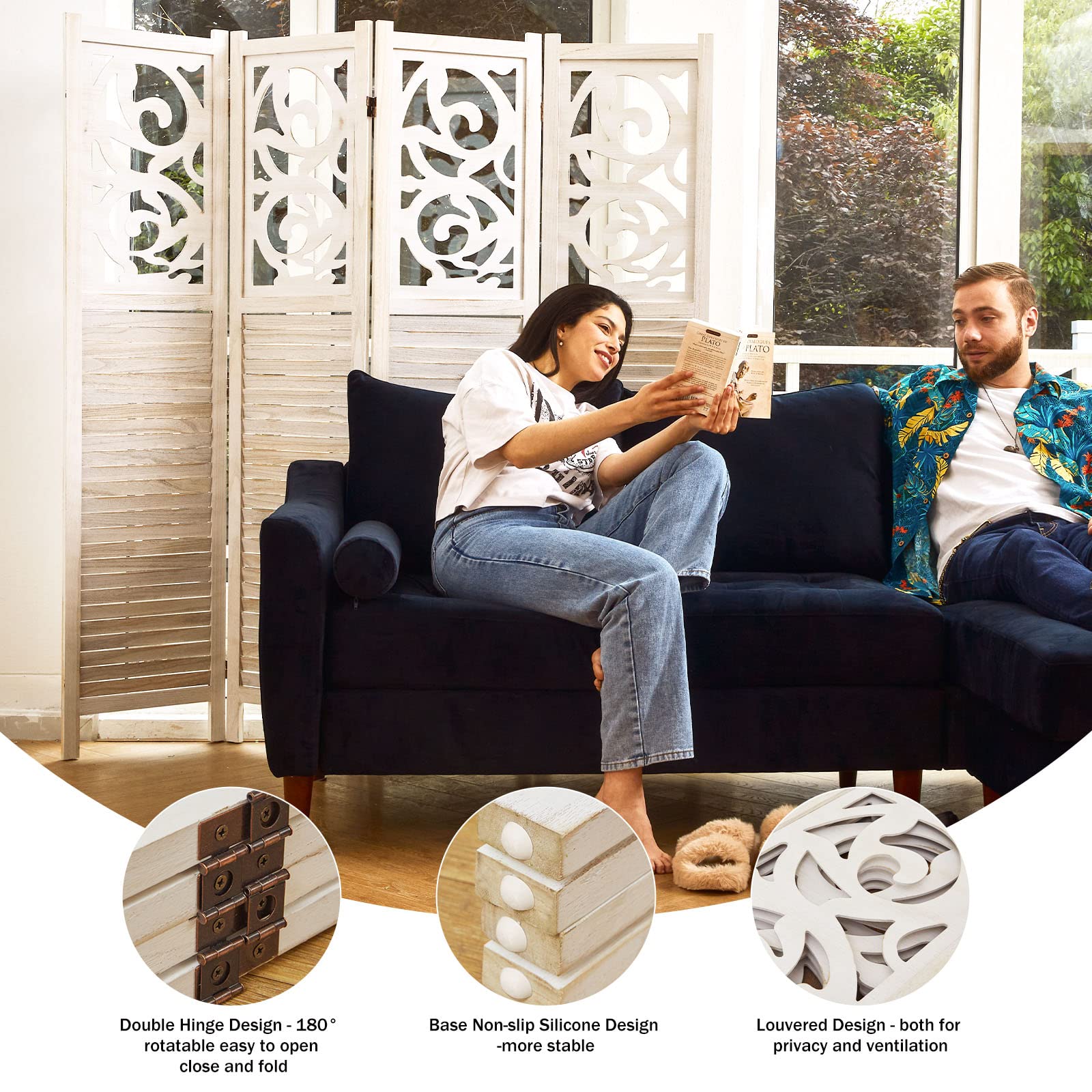 Wooden Room Divider Folding Partition Screen - 4 Panel 67x60 Inch Portable Wall Divider for Home, Office, Garden & Terrace - Perfect for Privacy, Space Separation & Decoration (White)