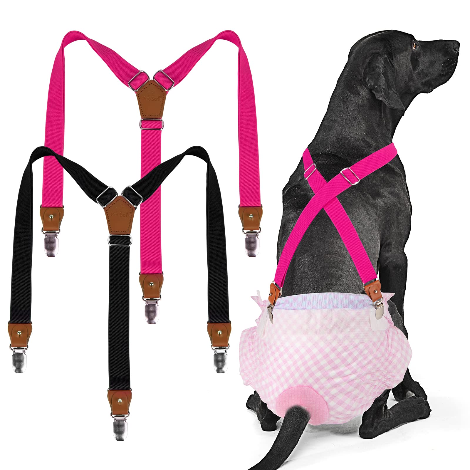 Pet Soft Dog Suspenders 2-Pack - Adjustable Diaper Suspenders for Female Dogs, Dog Dress & Skirt Accessories (Black & Pink, Medium/Large) - Perfect for Pet Fashion, Diaper Security & Special Occasions