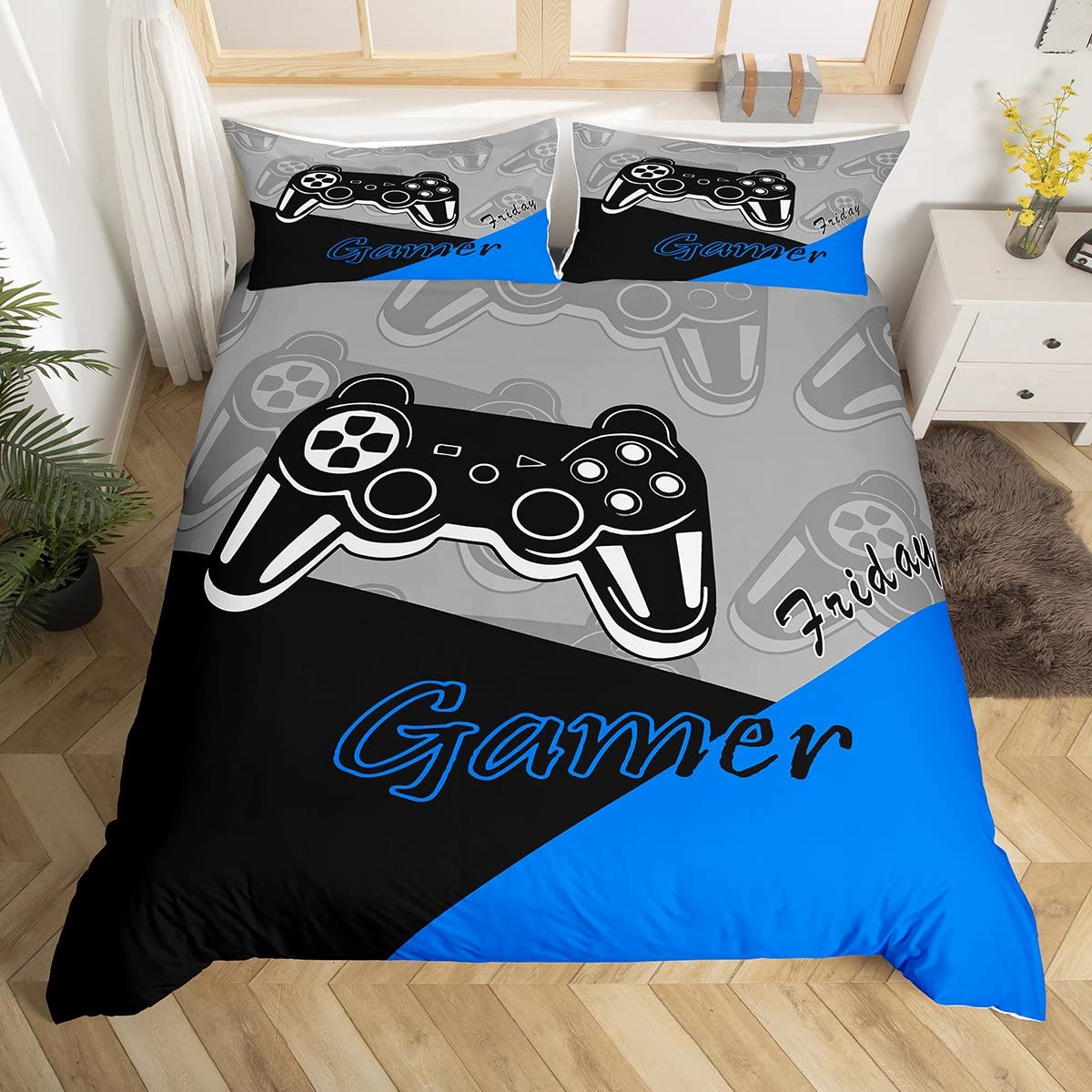 Feelyou Gamer Duvet Cover Set - Twin Size Video Game Themed Bedding for Boys & Teens - 2 Piece Set with Duvet Cover & Pillowcase (Black/Blue/Grey) - Perfect for Gaming Room Decor, Teen Bedroom, and Gift for Gamers