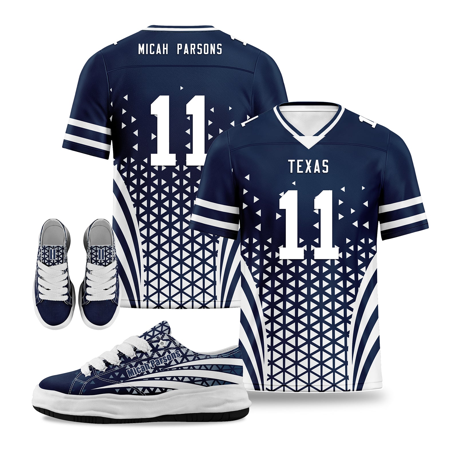 Custom Blue & White Texas Football Jersey & Sports Shoes Combo - Personalized Football Uniform Set for Fans & Players - Perfect for Game Day, Training & Team Events