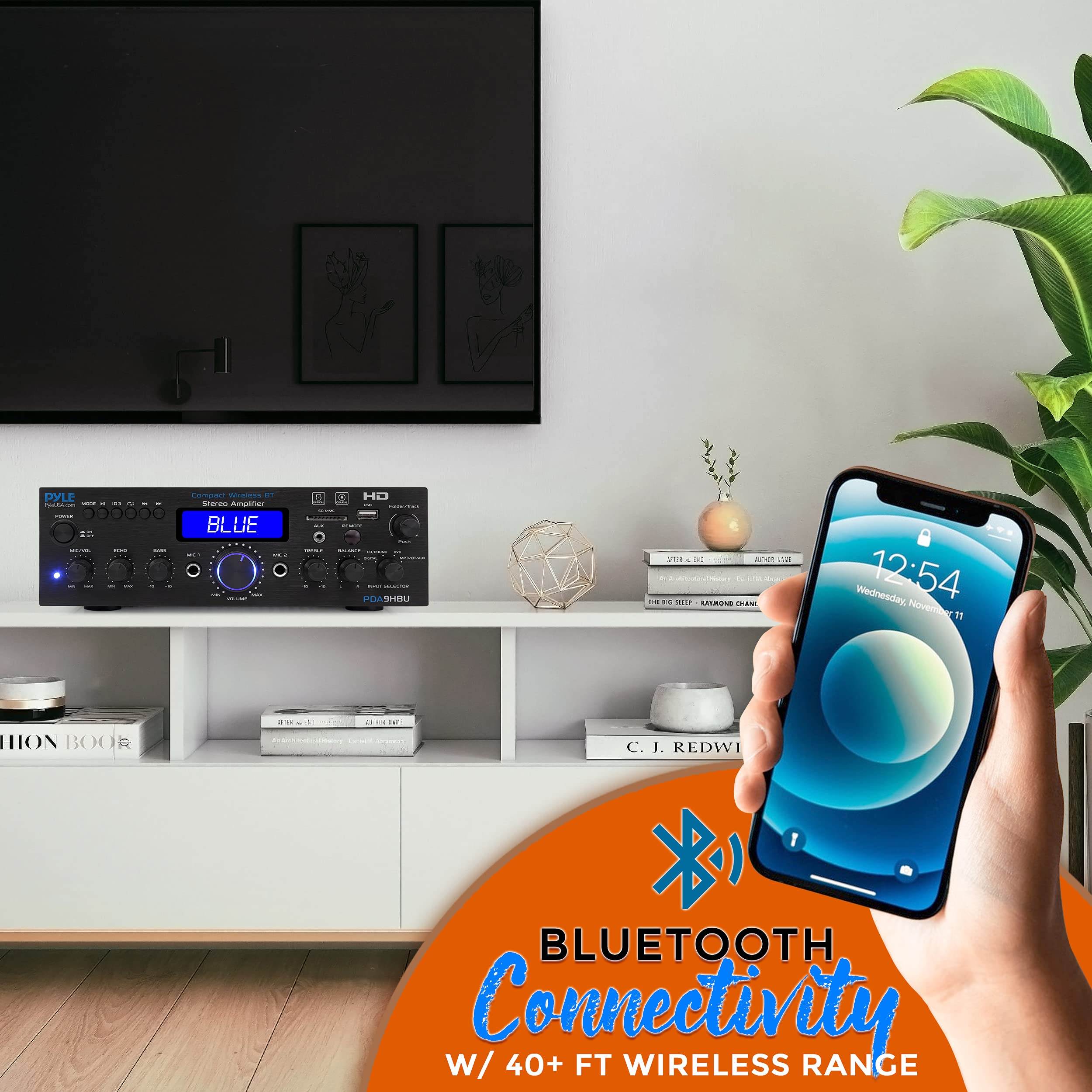 Pyle Wireless Bluetooth Home Stereo Amplifier - 200W Multi-Channel Power Amplifier Audio Receiver with HDMI, Optical/Phono/Coaxial, FM Radio, USB/SD, AUX, RCA & Mic Inputs - Remote Control - PDA9HBU - Perfect for Home Theater, Karaoke & Music Streaming Systems
