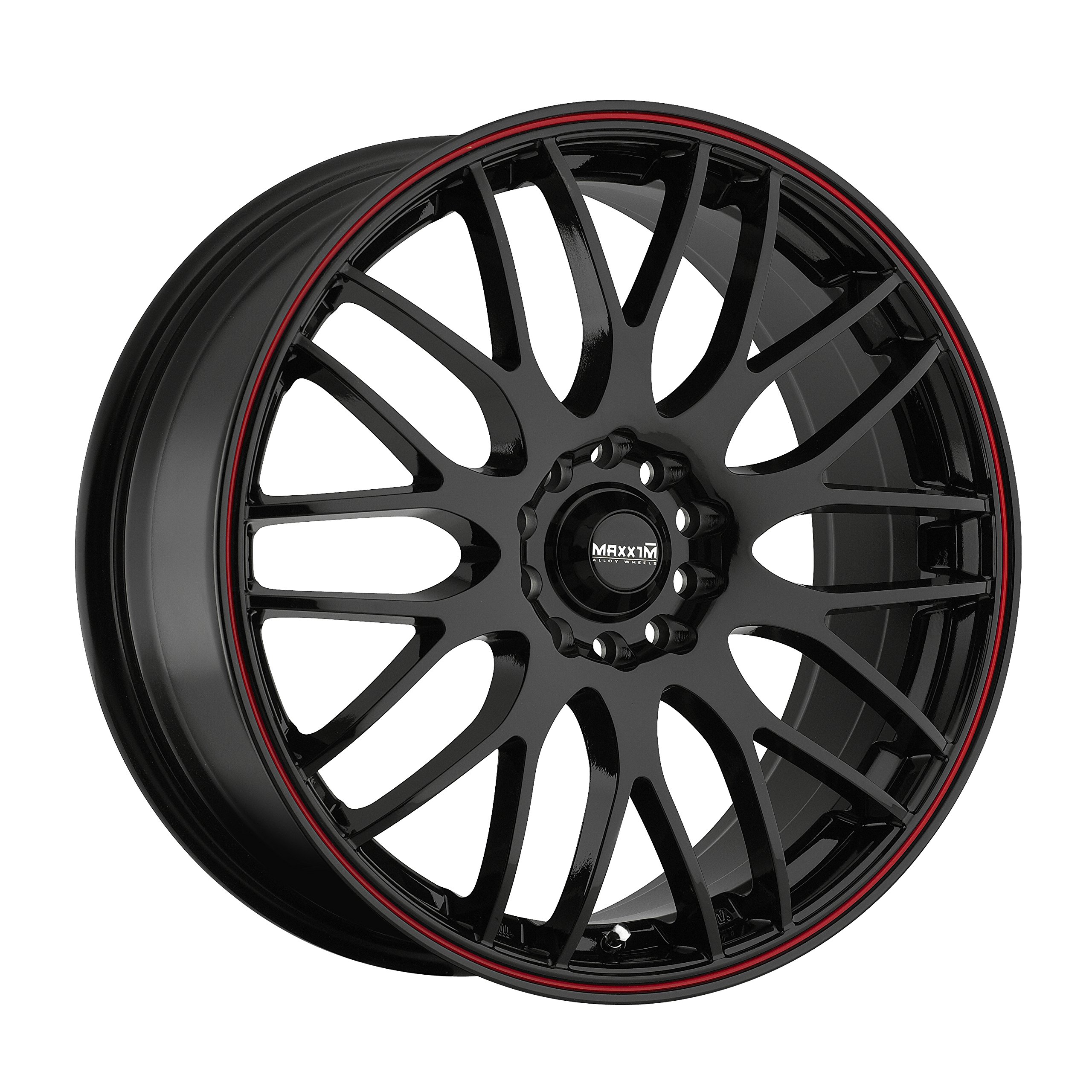 Maxxim Maze Gloss Black with Red Stripe 16x7-Inch Alloy Wheels - Lightweight Performance Rims for Cars, Trucks & SUVs - Perfect for Street Racing & Custom Builds